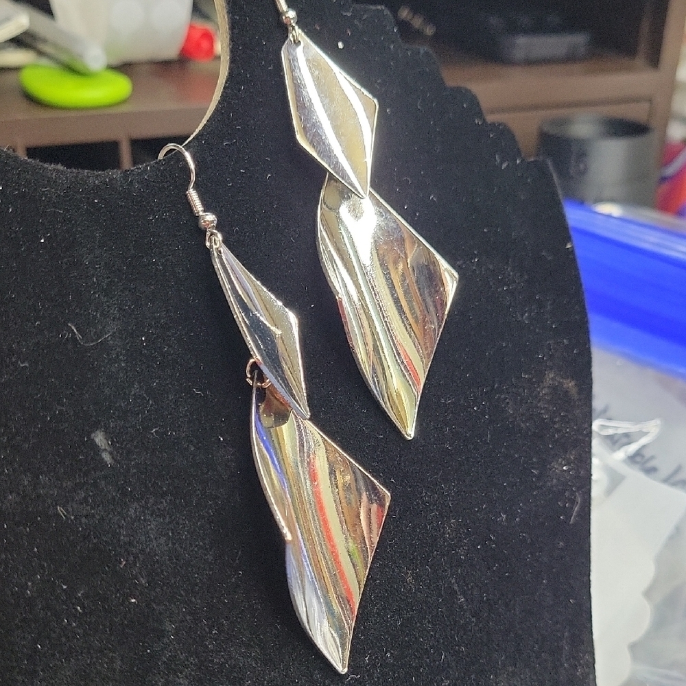 Silver Tone Dangle Diamond Shspe 2 Layer 3" Earrings